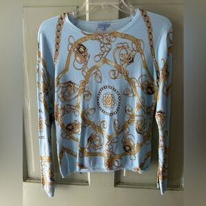 J McLaughlin Equestrian Crewneck Sweater- M blue /brown equestrian detail